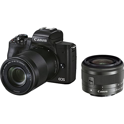 Canon EOS M50 Mark II Mirrorless Camera with 15-45mm and 55-200mm Lenses (Black) (4728C014) + 4K Monitor + Rode VideoMic + 64GB Memory Card + Color Filter Kit + Filter Kit + Charger + More