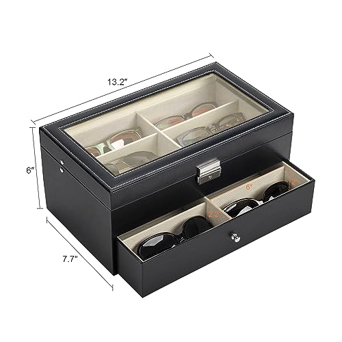 CO-Z Sunglasses Organizer with 12 Slots, Multiple Eyeglasses Eyewear Display Case for Women Men, 2 Story Leather Multi Sunglasses Jewelry Collection Holder with Drawer - color: Black
