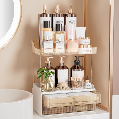 Delamu Bathroom Organizers and Storage, 2 Tier 2 Drawer Makeup Organizer Countertop, Easy to Install, Ideal for Bathroom Counter, Vanity, Ideal for Women Girls, Amber - color: Amber, size: 2Drawers 1 Pack