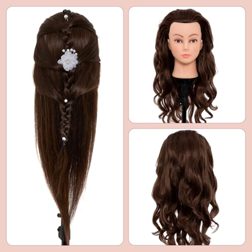 Neverland Beauty & Health 28Inch 60% Real Hair Mannequin Head,Doll Head for Hair Styling Braiding Curling,Cosmetology Mannequin Head with Hair with Table Clamp Hair Styling Set(Dark Brown) - color: gray