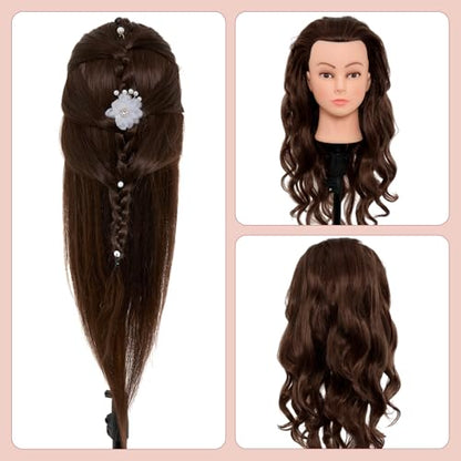 Neverland Beauty & Health 28Inch 60% Real Hair Mannequin Head,Doll Head for Hair Styling Braiding Curling,Cosmetology Mannequin Head with Hair with Table Clamp Hair Styling Set(Dark Brown) - color: gray