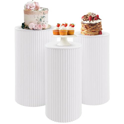 Metal Pleated Cylinder Pedestal Stands for Party, 3 Pieces Heavy Duty Round Cake Pedestal Stand Display Plinth Pillars Art Decor for Wedding Ceremony Birthday Party（Small, White） - size: L:23.82"x12.6", M:21.85"x11.02", S:19.88"x9.45"