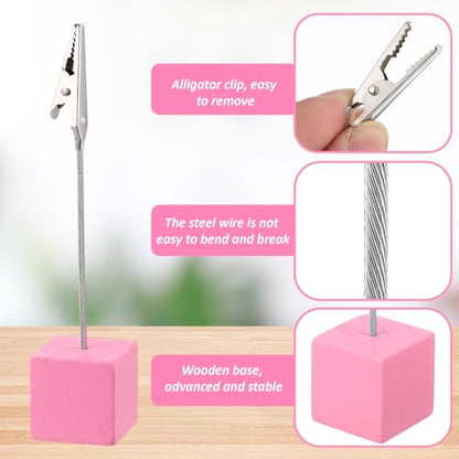 Gersoniel 20 Pcs Cube Base Memo Clip Holder with Alligator Clip Wood Table Number Holder Cube Base Place Card Stand Mini Photo Menu Stand for Displaying Number Card (Pink) - color: Pink