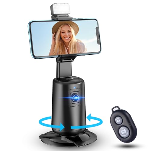 Auto Face Tracking Tripod 360° Rotating Cell Phone Photo and Video Kits Stand, No App, Camera Stand with Remote and Gesture Control, Rechargeable Smart Shooting Stand for Live Recording Tiktok（Black） - color: Black