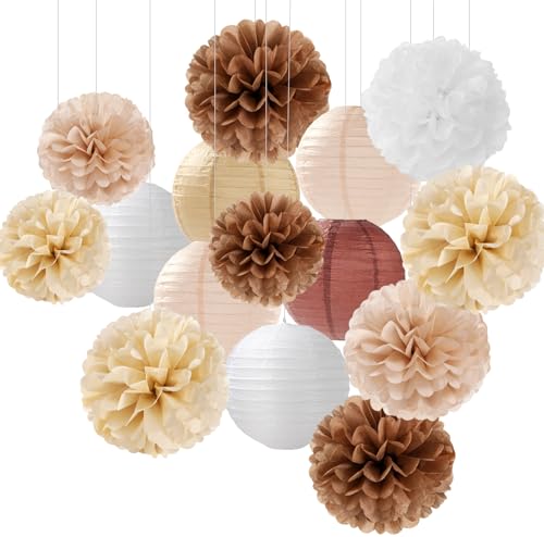 Boho Rustic Wedding Party-Decorations Paper Flowers Lanterns - 15PCS Fall Baby Shower Gender Neutral Streamers,Brown Champagne White Tissue Pom Poms,Autumn Birthday Bridal Decor Hugfond - color: Coffee Champagne Apricot Gray White
