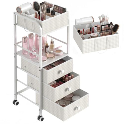 2-in-1 Makeup Organizer Cart with Removable Travel Cosmetic Bag, 5 Tier Rolling Makeup Cart on Wheels with Drawers, Floor Cosmetic Display Cases Holder for Vanity Skincare Perfume Nail Polish Storage