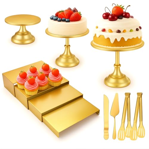 Lallisa 11 Pcs Gold Cake Stand Set Cake Stand Set for Dessert Table 3 Size Metal Round Cakes Pedestal Stands with 4 Size Cupcake Risers Stands Clamp, Cakes Knife and Server for Party Birthday Wedding