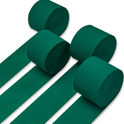 PartyWoo Dark Green Crepe Paper Streamers 4pcs 328ft Pack of Emerald Forest Hunter Green Crepe Paper Streamers for Birthday Baby Shower Woodland Dinosaur Jungle Football Theme Party Decorations - color: Green-9589