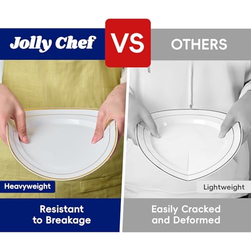 JOLLY CHEF 200 Pieces Gold Plastic Plates, 10 Inch Elegan Disposable Plates White Plate with Gold Rim,Plastic Plates for Christmas、Birthdays and Weddings - style: Gold-200