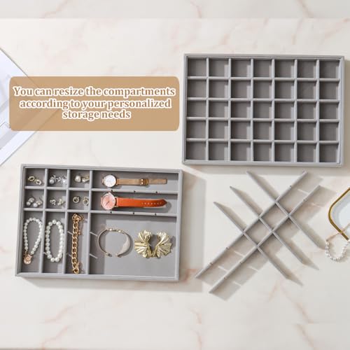 Large Velvet Jewelry Tray 2 Pack Stackable Jewelry Display Drawer Inserts Trays Organizer for Earring Bracelet Necklace Ring (Gray, 35 Grids) - color: Gray, size: 35 Grids