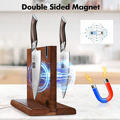 HOSHANHO Magnetic Knife Block 14 x 10 Inches, Double Sided Magnetic Knife Holder Rack for Kitchen Counter, Acacia Wood Magnetic Knife Storage Stand with Knife Sharpener - size: 14*10*4.5 inch