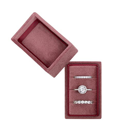 Rectangle 3 Slots Italian Velvet Jewelry Box Engagement Wedding Photo Ring Box Keepsake Box Triple Ring Gift Box (Dusty Rose) - color: Dusty Rose