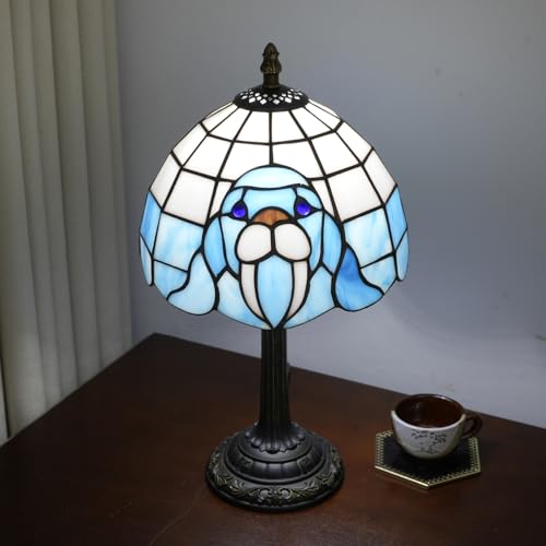 Small Tiffany Lamp Stained Glass Table Lamp, 8 Inch Vintage Blue Walrus Pattern, Cute Unique Bedside Nightstand Light for Bedroom Small Spaces - color: stained glass Lamp K