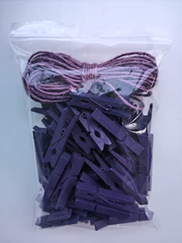 1.9 Inch Purple Wooden Clothes Pins with Strong Craft String for Pictures Papers Peg Photo Display Shirt Clips Pack 50 - color: 50pcs (2 Inch) Purple + Jute Twine