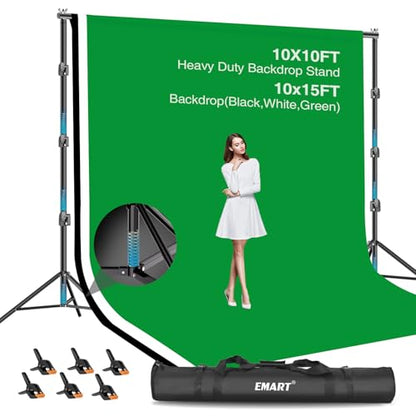 EMART 10x10ft Backdrop Stand Heavy Duty, Adjustable Photography Background Support System with 10x15ft Polyester Backdrop(Black/White/Green) for Photography Studio, Parties, Wedding, Video Shooting - size: 10x10ft(backdrop stand)/10x15ft(backdrop)
