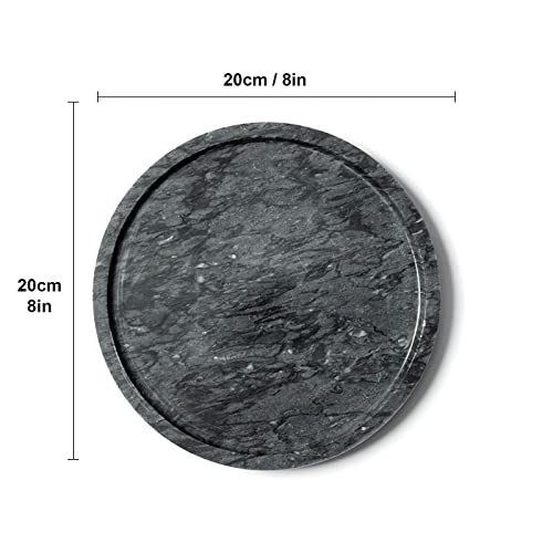 Genuine Black Marble Round Tray, High End Decorative Tray for Bathroom, Kitchen, Dresser and Vanity (Black 8")