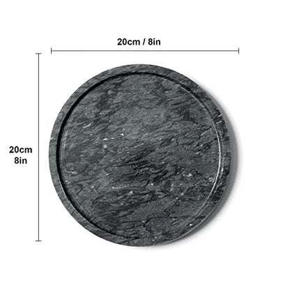 Genuine Black Marble Round Tray, High End Decorative Tray for Bathroom, Kitchen, Dresser and Vanity (Black 8")