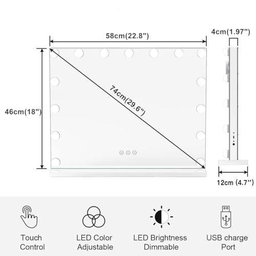 HIEEY Vanity Mirror with Lights, Hollywood Lighted Mirror with 15 Dimmable LED Bulbs, Makeup Mirror with Lights, and 5X Magnification Mirror, 3 Colors Modes,Touch Control, Metal Frame,White - style: 18.1" x 22.8" (15 Bulbs)