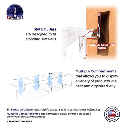 Slatwall Acrylic Retail Tray Four Compartment 15.75" Wide x 4.75" Deep Dump Bin Clear Product Merchandise Storage Caddy for Businesses by Marketing Holders - size: 4 Sections