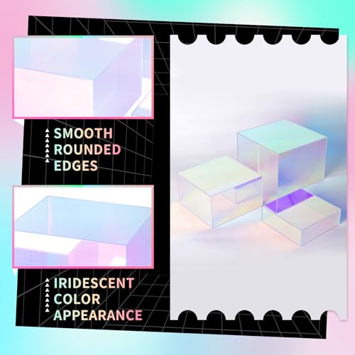 3Pcs Iridescent Risers Display Stands, Stackable Acrylic Cubes Display Box, Nesting Rainbow Showcase for Collectibles Figures Jewelry Perfume Handbag Dessert Party, Neon Food Buffet Riser - color: Iridescent-3pcs