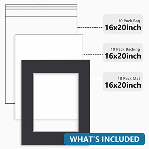 Somime 10 Pack Black Picture Mat Set, Acid Free Picture Mat 16x20 for 11x14 Photo with White Core Bevel Cut for Prints, Paintings - Includes Precut Mats, Backing Boards and Plastic Sleeves - size: black 10pc sets 16x20