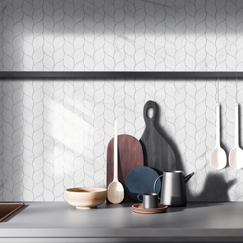 Tilingview 10-Sheet Peel and Stick Backsplash Tile for Kitchen, Self-Adhesive Mosaic Glossy Leaf Stick on Wall Tile with Gaps (Calacatta White) - color: Leaf Gaps Calacatta White