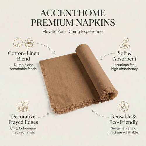 ACCENTHOME Brown Cotton Linen Napkin Set of 12 18x18 inch Dinner Napkins - Washable Soft Premium Hotel Quality Reusable Hemmed Edges Napkins Perfect Table Linens for Family Dinners, Weddings - color: 05 - Brown, size: 18"x18" - Pack of 12
