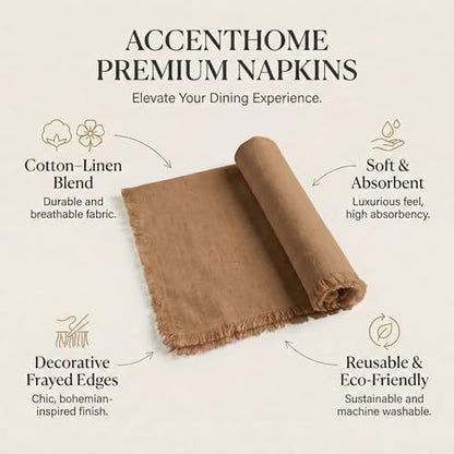 ACCENTHOME Brown Cotton Linen Napkin Set of 12 18x18 inch Dinner Napkins - Washable Soft Premium Hotel Quality Reusable Hemmed Edges Napkins Perfect Table Linens for Family Dinners, Weddings - color: 05 - Brown, size: 18"x18" - Pack of 12