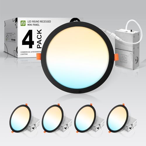 ASD 4 Pack 11/12 Inch LED Recessed Lighting 24W, 5 CCT 2700K-5000K CRI90+, IC Rated Ultra Thin Dimmable Ceiling Lights with J Box, Canless Wafer Downlight, Round Slim Panel Light, UL Listed, Black - color: Black, size: 12 Inch 4 Pack