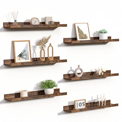 upsimples Floating Shelves for Wall, 23.6 Inch Shelves for Decor Storage Set of 6, Wall Mounted Wood Shelf for Bedroom, Living Room, Bathroom, Kitchen, Long Picture Ledge Shelves, Brown - color: Brown, size: 23.6in