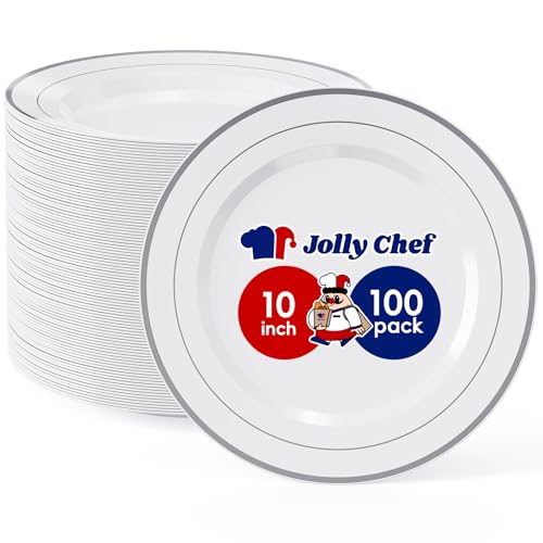 JOLLY CHEF 100 Pieces Silver Plastic Plates, 10 Inch Disposable Plates White Plate with Silver Rim, Heavy Duty Plastic Plates for Christmas, Birthdays and Weddings - style: Silver-100