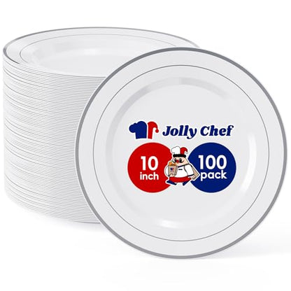 JOLLY CHEF 100 Pieces Silver Plastic Plates, 10 Inch Disposable Plates White Plate with Silver Rim, Heavy Duty Plastic Plates for Christmas, Birthdays and Weddings - style: Silver-100