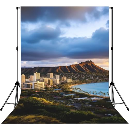 Hawaii Skyline Diamond Head Volcano Backdrop Background for Photography 5x7ft Photobooth Professional Photo Backdrop Curtains Video Photography Studio Photo Backgrounds Banner BoothScreen Parties - color: Hawaii Skyline Diamond Head Volcano