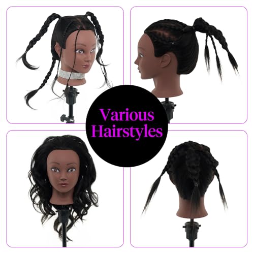 18" Mannequin Head Human Hair with Stand - 100% Real Human Hair Mannequin Head for Braiding, Cosmetology Manikin Doll Head for Hair Styling with Tripod Stand Table Clamp Hair Braiding Set,Black - color: Black&Tripod
