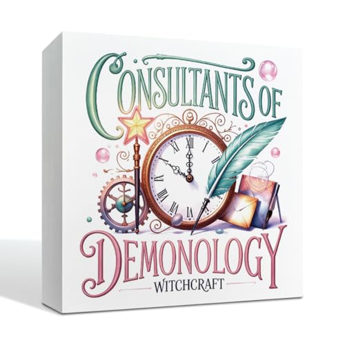 Tabletop Wood Sign Decor, Consultants of Demonology Witchcraft Vintage Inspired Quote White Wooden Box Block Plaque for Office Shelf Desk Display Gothic Accent 5x5 Inches Gift