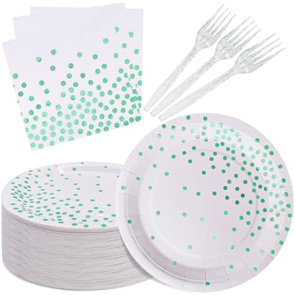 Green Party Supplies,White and Green Dot Plates and Napkins for Birthday Wedding All Occasions(Serve 35 Guests 7 Inch) - color: White Green Dot Paper Plate