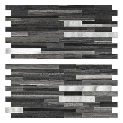 Black Mixed Silver Peel and Stick Modern Geometric PVC Kitchen Wall Backsplash, 20 Sheets, 9.4 sq ft Coverage - color: Black Mixed Silver