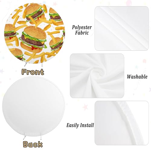 Hamburger French Fries Round Backdrop Cover 7.2x7.2ft Fast Food Photograhy Background Birthday Party Supplies Burger Shop Decoration Banner Photo Booth Props - size: 7.2x7.2
