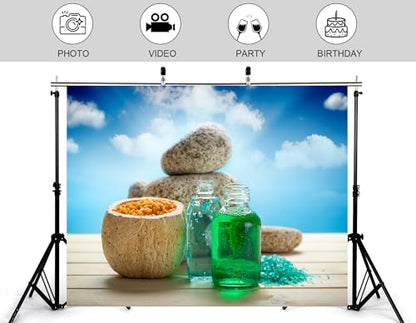 6x4ft Green Spa Backdrop with Turquoise Bath Salts and Stacked Stones Photography Background for Skincare Relaxation and Summer Party Decorations Banner Photo Booth Props - size: 6x4ft
