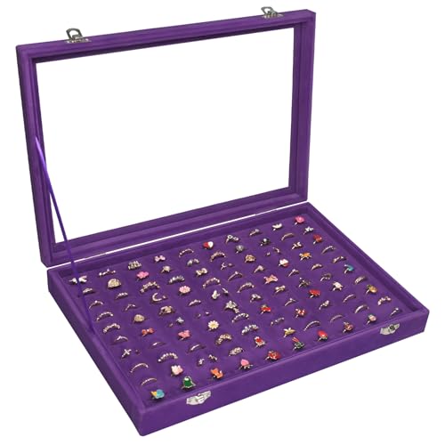 Vicoter Rings Organizer Tray 100 Slot Velvet Ring Earring Storage Box TranSparent Cover Jewelry Store Ring Display Box Jewelry Display Cabinet for Girl Wife Mother - color: Purple
