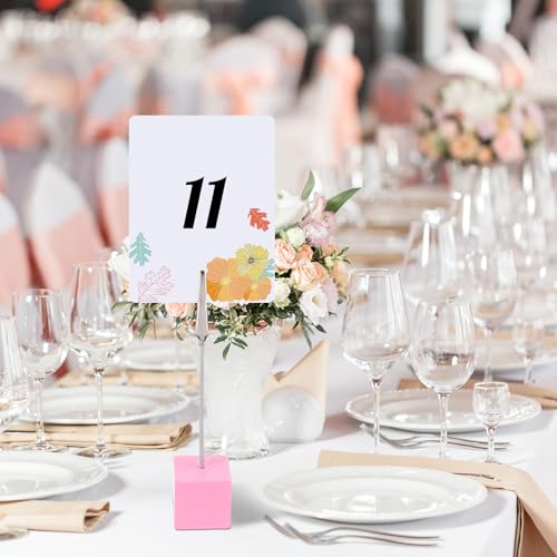 Gersoniel 20 Pcs Cube Base Memo Clip Holder with Alligator Clip Wood Table Number Holder Cube Base Place Card Stand Mini Photo Menu Stand for Displaying Number Card (Pink) - color: Pink