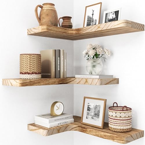fuqing Floating Corner Shelves, Wall Shelf Set of 3, Shelves for Wall Storage, Solid Wood Shelves for Storage, Wall Mount Wooden Display Shelf for Bathroom Bedroom Kitchen Garage, Carbonized Black - color: Invisible Bracket, Carbonized Black