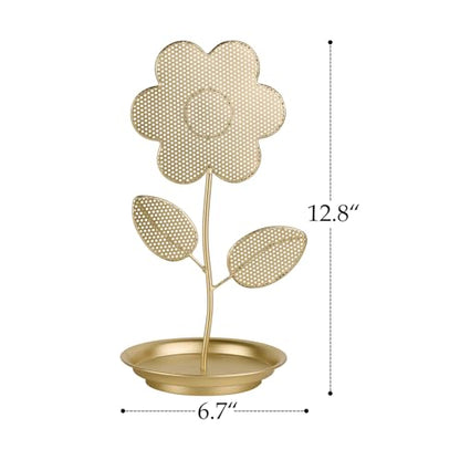 NIKKY HOME Floral Shape Earring Holder Hanging Organizer Stand Metal Jewelry Tree Table Top Ear Stud Holder Tower Rack with Ring Tray for Girls, Gold