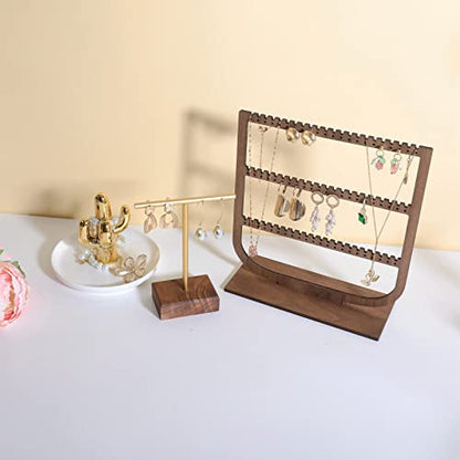 earrings T display stands for selling, small earring holder jewelry stand with 4 holes on bar, wood earring hanger for boutique display【Walnut】