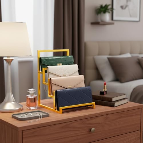 4-Tier Wallet Display Stand 2 Pack Gold , Metal Purse Organizer for Closet Countertop, Handbag Holder Rack Riser Shelf for Wallets Clutch Bags Retail Boutique Store Display - size: 4 - Layer