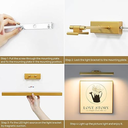 PESUTEN Picture Light Battery Operated, 16in Wireless Art Light for Paintings CCT Dimmable Recharging Battery Picture Light with Remote Control for Gallery Dartboard Art Bedroom Bathroom 2pcs Gold - color: 2pcs gold