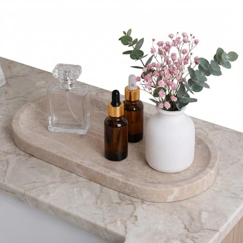 Travertine Vanity Tray for Bathroom Counter, 10"x5" Natural Marble Tray, Hand Polished, Perfume Organizer with Non-Slip Base, Candles, Stone Jewelry Dish (Travertine Beige, 9.8X4.7) - color: Travertine Beige