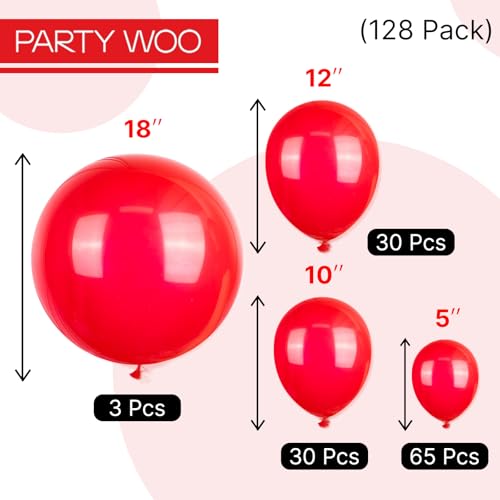 PartyWoo Red Balloons 128 pcs Different Sizes of 18 12 10 5 Inch Red Balloon Arch Kit Garland for Birthday Graduation Bachelorette Citizenship Anniversary Cherry Casino Theme Party Decorations Red-Y57 - color: Red-y57