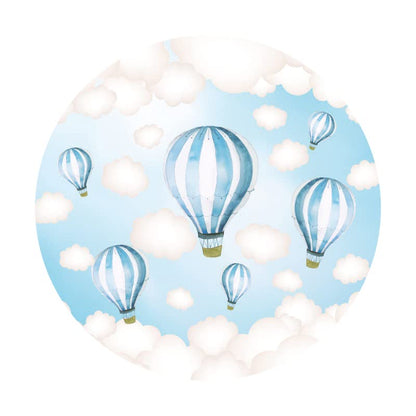 Blue Hot Air Balloon Round Backdrop Cover 6.5x6.5ft Polyester Fantasy Cartoon Fairy Tale World Blue Sky White Clouds Sky Adventure Photo Background Kids Boys Baby Shower Birthday Party Props - color: Blue01, size: 6.5x6.5ft-Diameter
