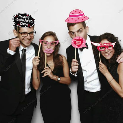 Valentine's Day Photo Booth Props, 25 Pcs Happy Lovers Selfie Photobooth Props, Masks, Love, Glasses, Mustache, Snowman for Wedding Party Decoration Supplies Selfie Dress-Up Props